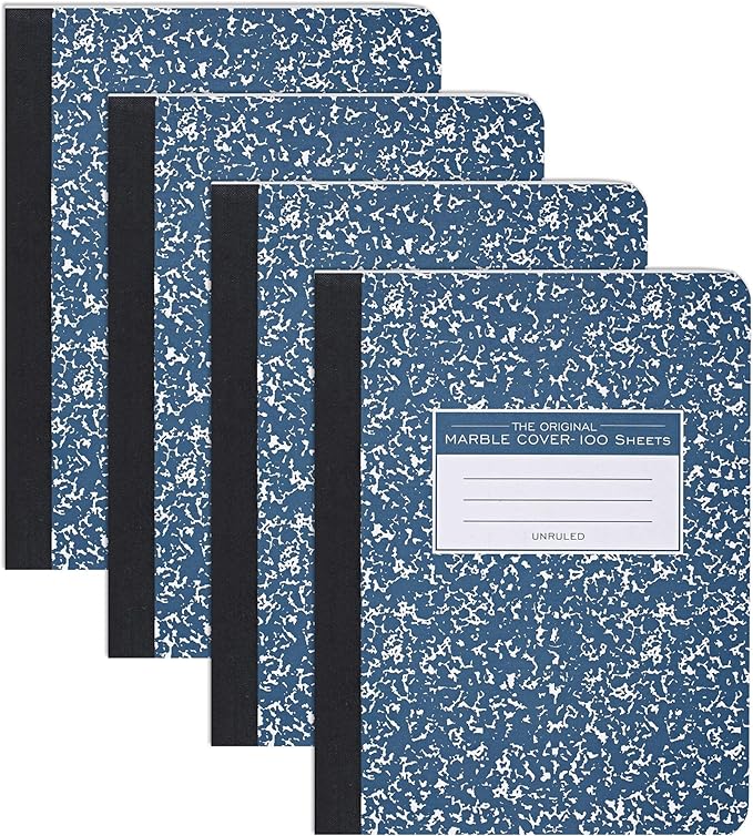 ROARING SPRING Hard Cover Composition Notebook, 4 Pack, Blue Marble Comp Book, 9.75″ x 7.5″, Unruled Blank Paper, 100 Sheets (200 Pages), Made in USA