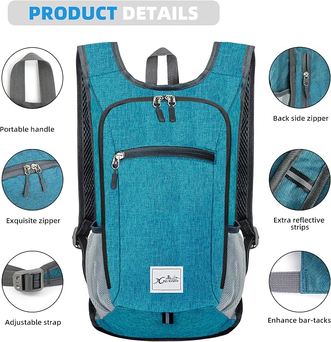 Xgunion Hiking Backpack 10L Lightweight Foldable (Teal Blue) | Small Travel Daypack, Packable Camping Backpack for Women Men