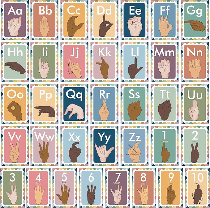 YIYDONG 36 Pieces ASL Alphabet Line Bulletin Board Set ABC Number Sign Language Flash Cards Wall Decorations for Pre-School Kindergarten Elementary Classroom Nursery Homeschool (Bohemia)