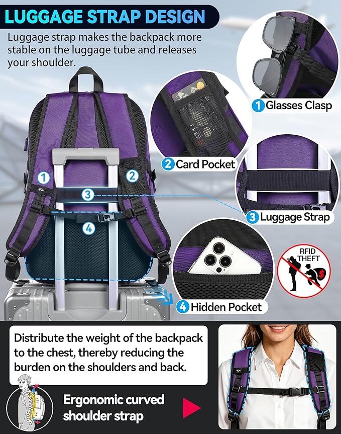 ProEtrade Travel Backpack, Extra Large Laptop Backpack Business Anti Theft TSA Approved College Work Computer Bag Fits 17 Inch Laptop with USB Charging Port for Women Men(Purple)