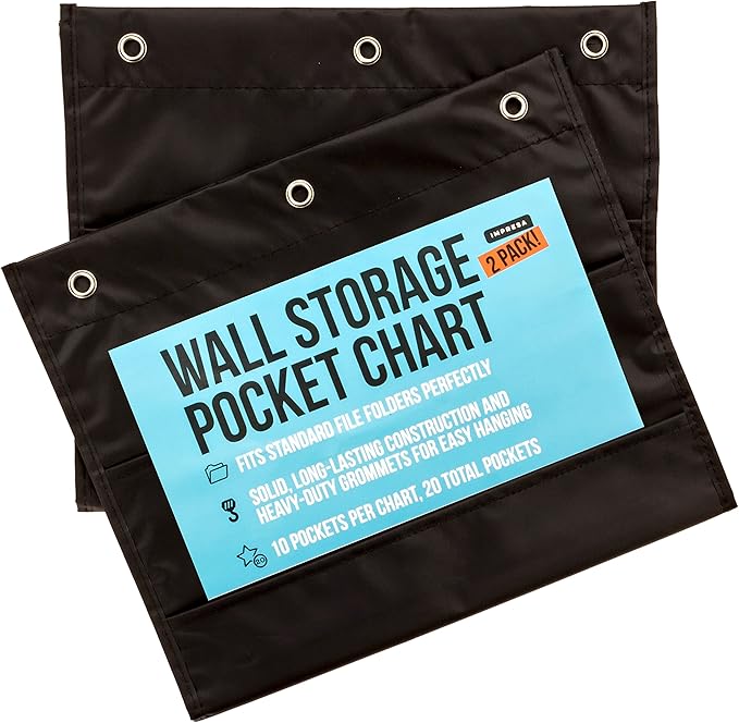 IMPRESA Deep File Pocket Chart - 47 x 14 in, Black - 2-Pack 20-Pocket Chart for Classroom Folders - Reinforced Grommets & Wall File Holder for Teachers