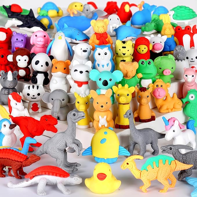 URSKYTOUS 64Pcs Animal Erasers Bulk Cute Desk Pets Kids Puzzle Erasers Take Apart Cool 3D Eraser Mini Pencil Eraser Fun Party Favors for School Supplies Classroom Rewards Easter Egg Fillers Gifts