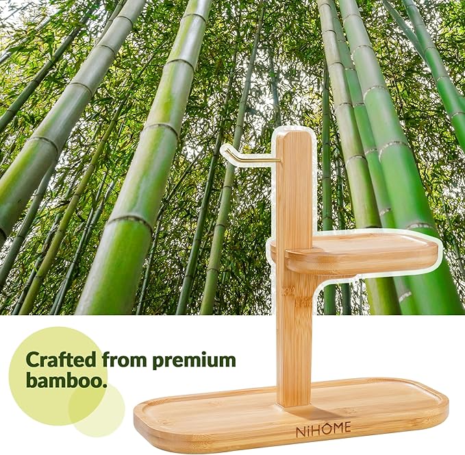 NiHome Bamboo Jewelry Organizer Stand with Hook & Trays, Wooden Display Rack for Necklaces, Earrings, Bracelets and Rings, Minimalist Jewelry Holder for Vanity or Desk, Durable and Tangle-Free Storage