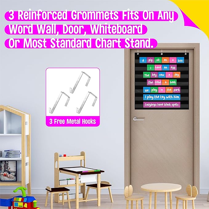 Daily Schedule Pocket Chart, Class Schedule with 7 Clear Pockets Plus 3 Over Door Hangers for Classroom Home School Schedule Organization & Time Management-Fits 3.5” Sentence Strips & Word Cards