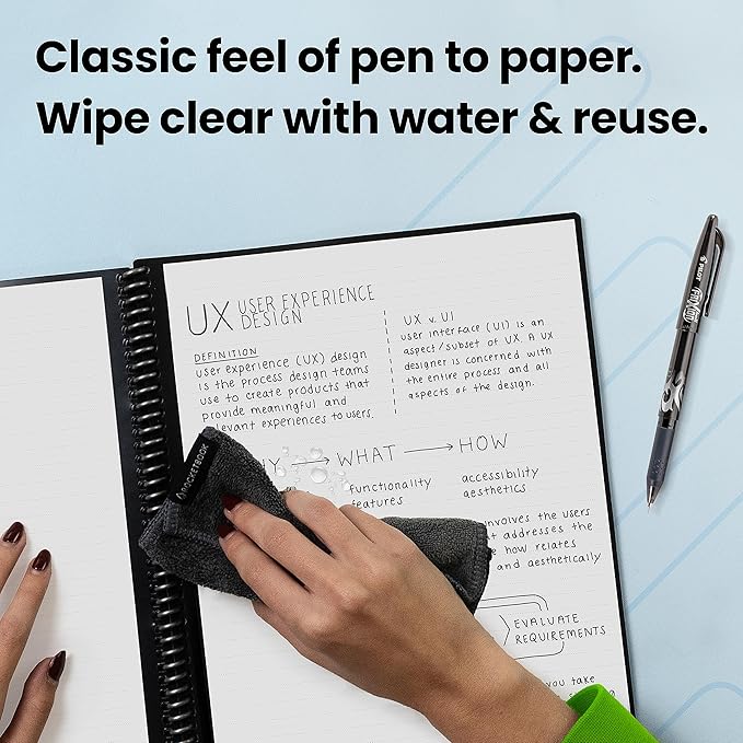 Rocketbook Core Reusable Smart Notebook | Innovative, Eco-Friendly, Digitally Connected Notebook & Smart Notebook Accessory Kit - 2 Black Capped FriXion Pens, 1 Spray Bottle