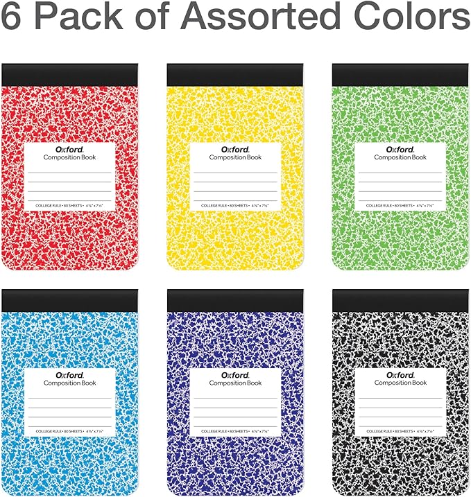 Oxford Jr. Composition Notebooks, Notebooks for School, School Supplies, Half Size, Kids Journal, 7-1/2 x 4-7/8 Inches, College Ruled Paper, 80 Sheets, Primary Marble Covers, 6 Pack (63774)