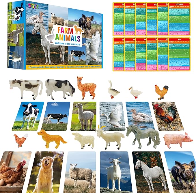 12 PCS Farm Animal Figurines with 12 Introducing Flashcards, Realistic Farm Animals Playset Montessori Toys Science Educational Matching Game for Homeschool Preschool Toddler Kids