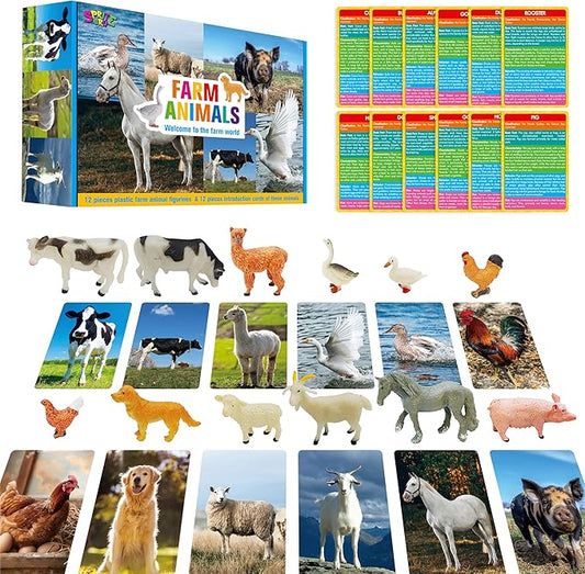 12 PCS Farm Animal Figurines with 12 Introducing Flashcards, Realistic Farm Animals Playset Montessori Toys Science Educational Matching Game for Homeschool Preschool Toddler Kids
