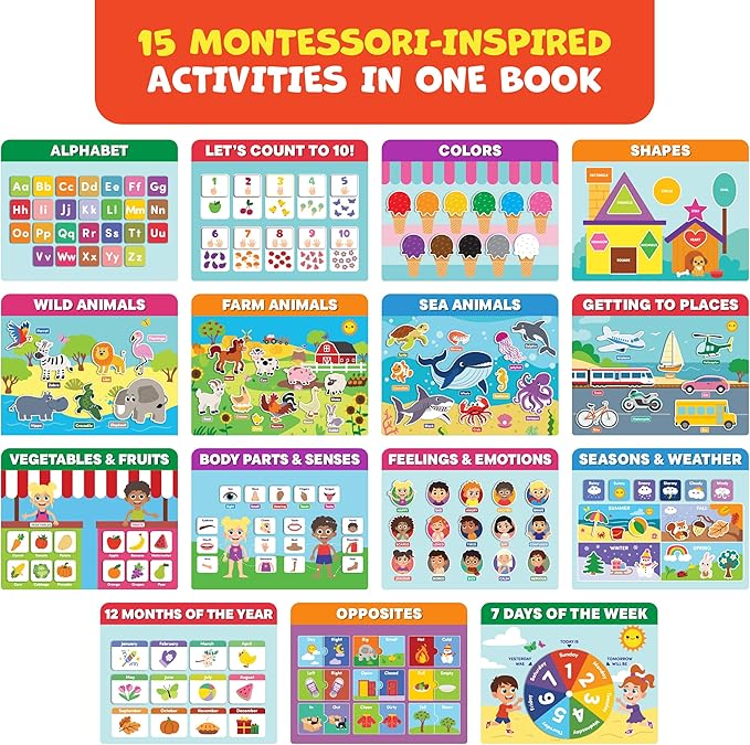 Preschool Activity Book for 3 4 5 Year-Old Kids – 100% Assembled & Ready-to-Use Busy Book for Toddlers 3-5 with 15 Montessori Activities – Educational Learning Toy for 3 Year-Old Girls & Boys