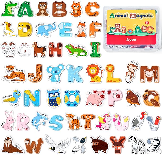 JoyCat Wooden Fridge Magnets for Kids – 26 Cute Animals & Uppercase Letters for Toddlers, Magnetic Alphabet Refrigerator Toys, Fun Educational Learning Gifts for Preschool 2 3 4 5 Years Old