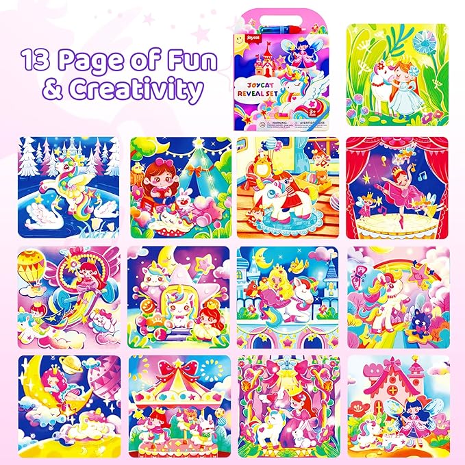 JoyCat Unicorn Water Coloring Book for Toddlers 3-5, Reusable No-Mess Water Painting Book with Water Pen, 13 Activity Pages, Travel Toy Gift for Boys & Girls