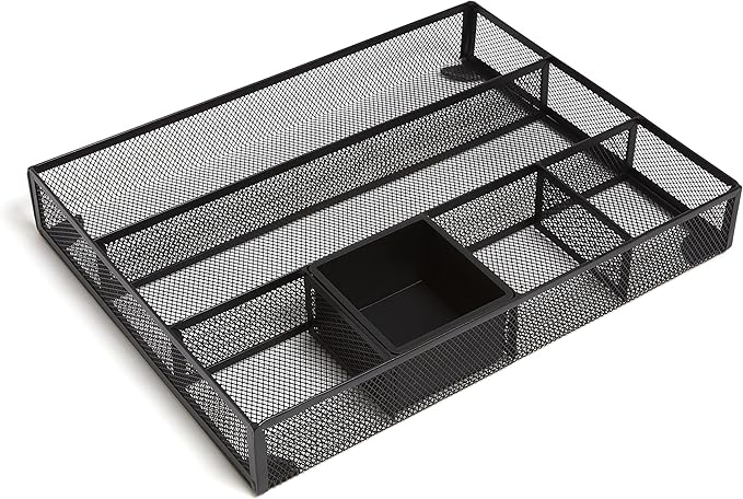 TRU RED Mesh Drawer Organizer, 6‑Compartment, Matte Black – Desk & Drawer Storage for Office Supplies