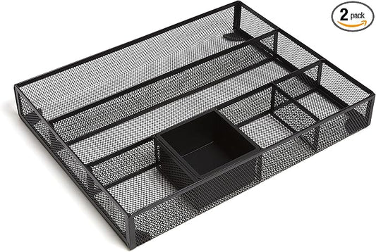 TRU RED Mesh Drawer Organizer, 6‑Compartment, Matte Black, 2‑Pack – Desk & Drawer Storage for Office Supplies