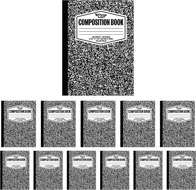 THREE LEAF 100 SHEETS COLLEGE RULED 9-3/4" x 7-1/2" COMPOSITION NOTEBOOK, PACK OF 12, WRITING JOURNAL NOTEBOOK, HOME SCHOOL SUPPLIES FOR COLLEGE STUDENTS & K-12, SEWN BINDING HARD COVER MARBLE