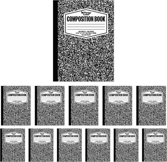 THREE LEAF 100 SHEETS COLLEGE RULED 9-3/4" x 7-1/2" COMPOSITION NOTEBOOK, PACK OF 12, WRITING JOURNAL NOTEBOOK, HOME SCHOOL SUPPLIES FOR COLLEGE STUDENTS & K-12, SEWN BINDING HARD COVER MARBLE