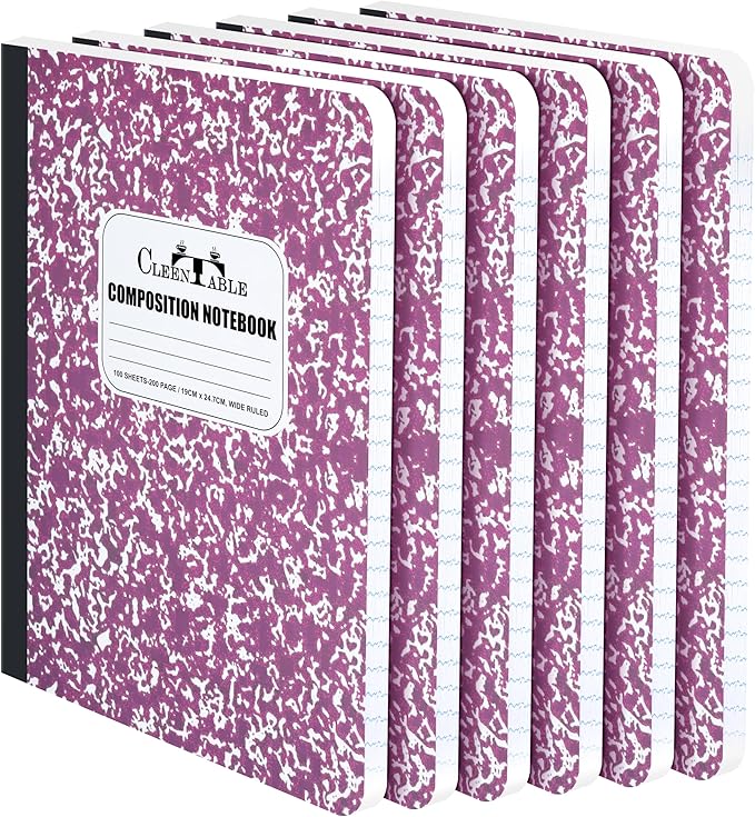CLEENTABLE Composition Notebook 8 Pack, Wide Ruled Paper, Marble Cover Notebooks for School, 9.75 x 7.5 Inches, 100 Sheets (200 Pages), Sewn Binding Comp Books, Purple