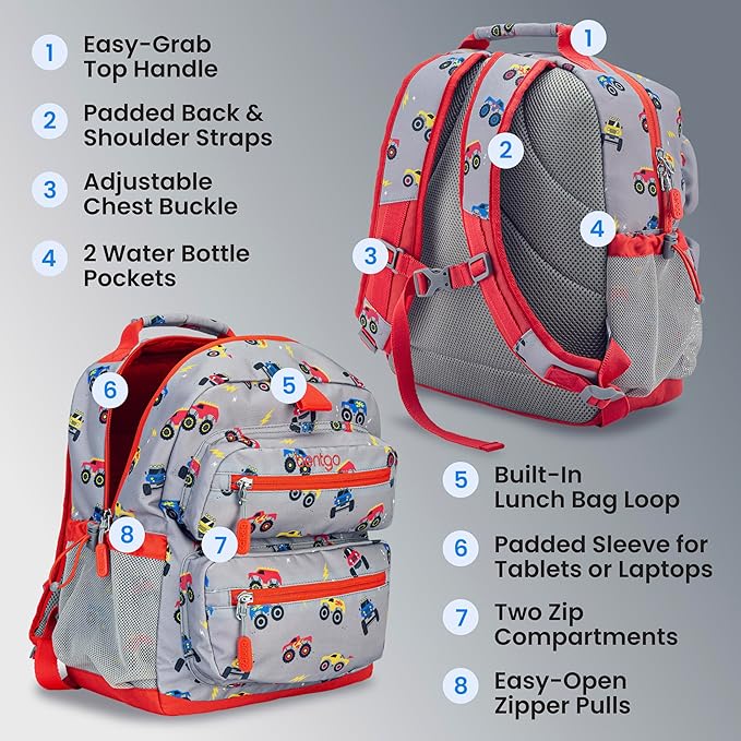 Bentgo Kids Backpack - Lightweight 14” Backpack in Fun Prints for School, Travel, & Daycare, Ideal for Ages 4+, Roomy Interior, Durable & Water-Resistant Fabric, & Loop for Lunch Bag (Trucks)