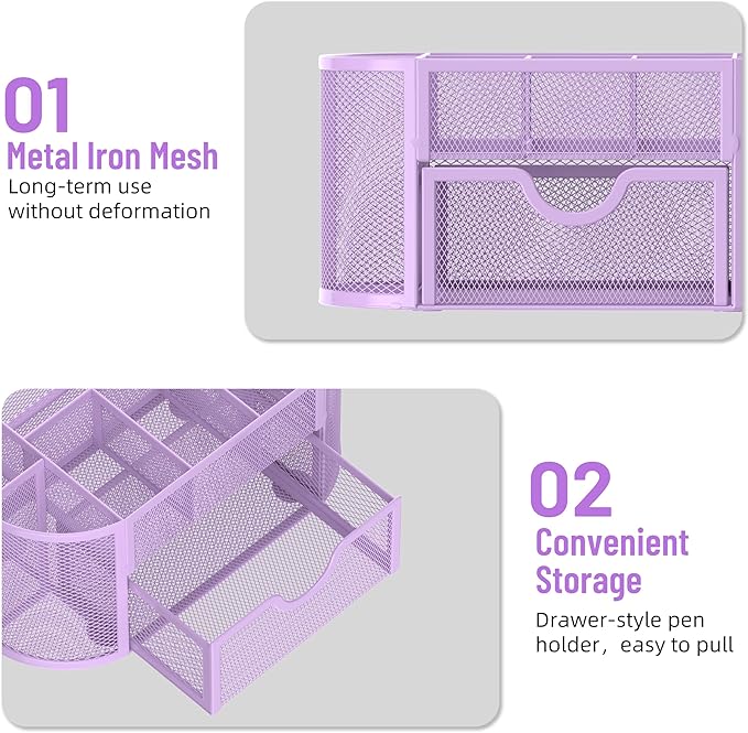 SUPEASY Mesh Desk Organizer, Desk Accessories & Workspace Organizers with Drawers, Pencil Holder for Desk with 9 Compartments for Office Suppliess, School, Classroom, 8.6 x 4.3 x 4.1 Inch, Purple