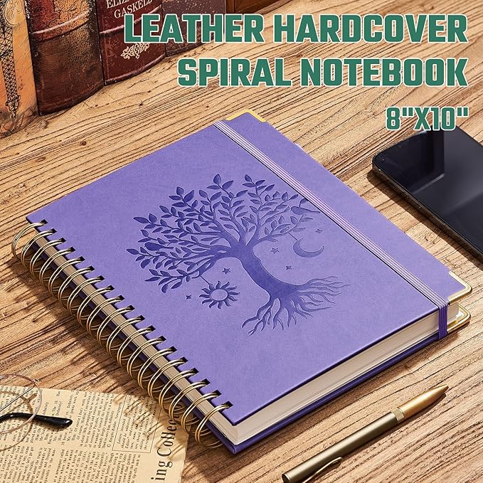 Ovesmusl Hardcover Spiral Notebook 8" x 10" with 5 Removable Dividers 300 Pages Leather 5 Subject Notebook College Ruled 100GSM Large Spiral Notebooks for Work Thick Lined Journal for Women, Purple