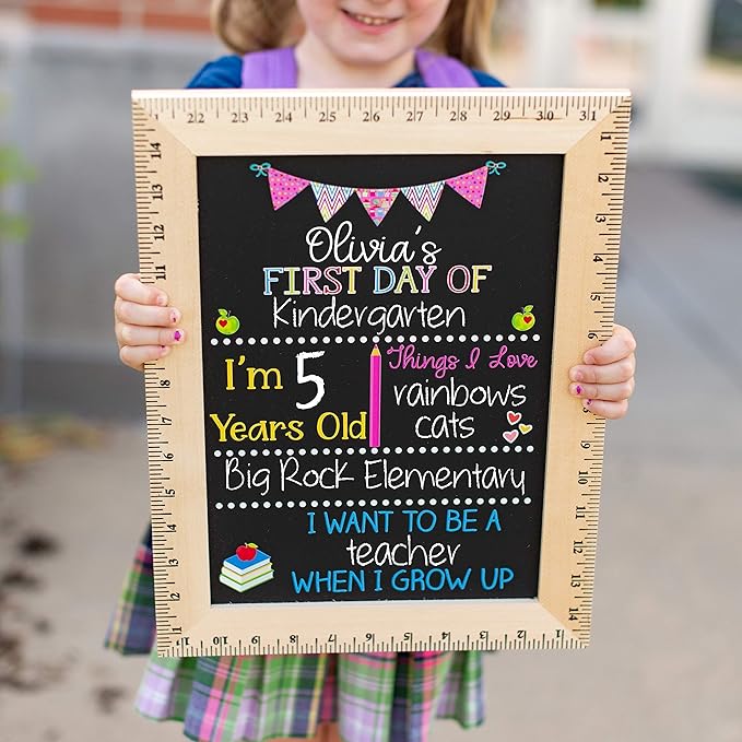 First Day of School Sign (11.5"x15"), Reusable Chalkboard Sign, Easy-to-Clean with Real Wooden Ruler Frame, Handmade in USA by Bloom Owl, Perfect for Back to School, First Day of Kindergarten Girl