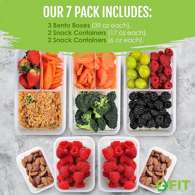 Bento Boxes for Kids and Adults, BPA-Free Lunch Containers, Clear, 7 Pack | Lunch Box Meal Prep Containers with Lids, Snack Boxes, Airtight Lid, Dishwasher Freezer Microwave Safe, 3×39oz, 2×17oz, 2×6oz