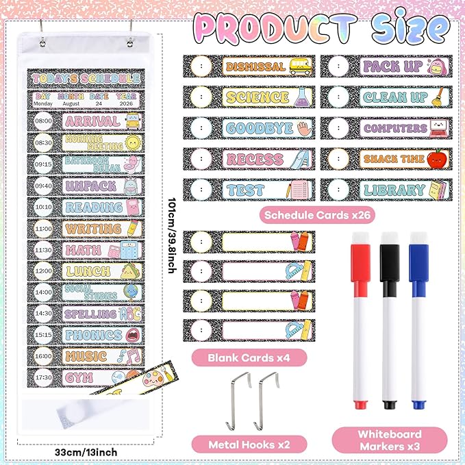 Daily Schedule Chart Composition Notebook Classroom Decor 15+1 Pockets Visual Scheduling Chart with 30 Reusable Cards 3 Erasable Pens and 2 Hangers for Teacher School Office Home Preschool Activity
