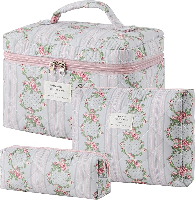 HBselect Quilted Makeup Bag, 3Pcs Cotton Large Travel Makeup Bags Organizer | Cute Floral Make up Bag Cosmetic Bag Toiletry Bag for Women Girls, Makeup Pouch for Skincare, Brushes & Travel Essentials