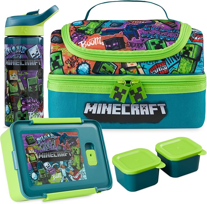 Get Trend Minecraft Kids Lunch Box 3 Pc Set with Insulated Lunch Bag, Bento Box with Two Mini Pots & 20 fl oz Water Bottle with Straw for School, Picnic, Creeper Gamer Gifts for Boys (Multi Minecraft)