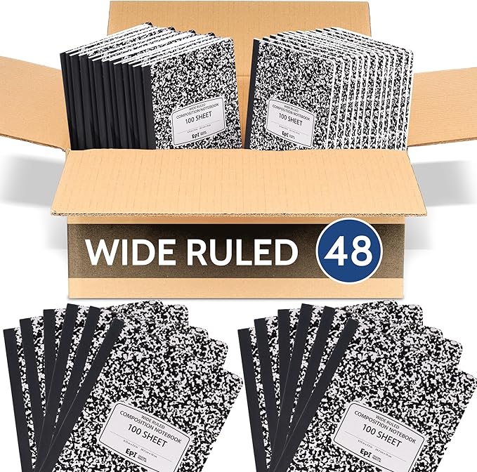 48 Pack - EPI Marble Hardcover Wide Ruled Composition Notebook | 200 Pages (100 Sheets), 9.75 x 7.5 in, Sturdy Sewn Binding | School, Office, Journaling, Notes