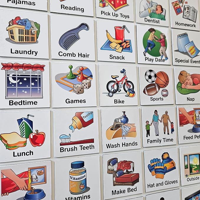 SchKIDules Visual Schedules for Kids 93 Pc Home Collection for Daily Routines: 72 Picture Magnets +21 Headings for Children, ADHD & Visual Learners