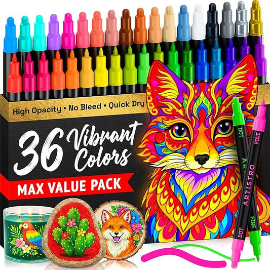 ARTISTRO 36 Precision Dual-Tip Acrylic Paint Markers – Paint Pens Set with Dot & Fine Tips for Fabric, Rock, Glass, Wood, Coloring Books – Classroom & Art Supplies Gift – Teacher Appreciation Gift
