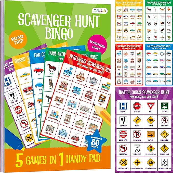 Road Trip Game Pad, 5 Games in 1 (Farm Animals, Car Colors, Buildings, Traffic Signs, Vehicles Scavenger Hunt Bingo), Pen Pencil Paper Game, Plane Trip/ Car Travel/Getaway Activity Pad for Kid, Adult