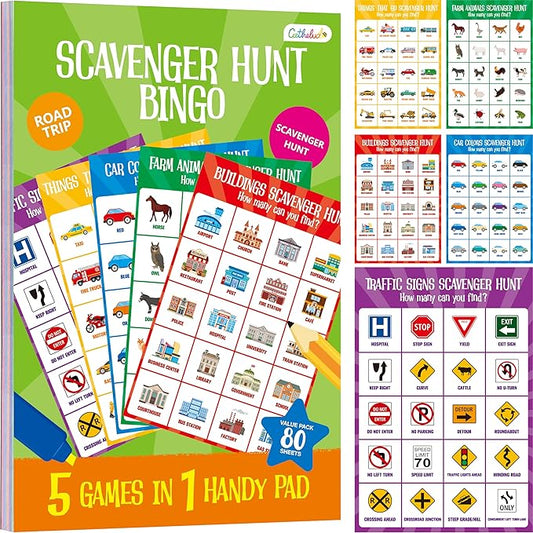 Road Trip Game Pad, 5 Games in 1 (Farm Animals, Car Colors, Buildings, Traffic Signs, Vehicles Scavenger Hunt Bingo), Pen Pencil Paper Game, Plane Trip/ Car Travel/Getaway Activity Pad for Kid, Adult