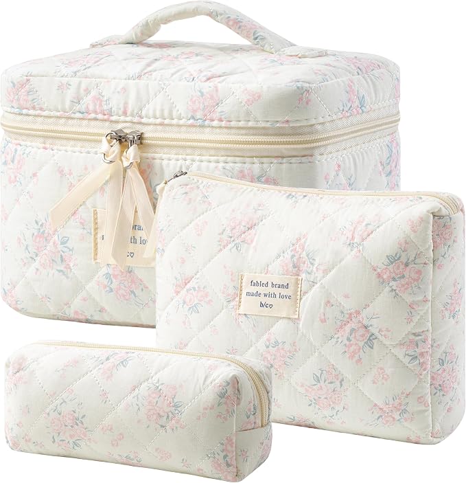 HBselect Quilted Makeup Bag, 3Pcs Cotton Large Travel Makeup Bags Organizer | Cute Floral Make up Bag Cosmetic Bag Toiletry Bag for Women Girls, Makeup Pouch for Skincare, Brushes & Travel Essentials