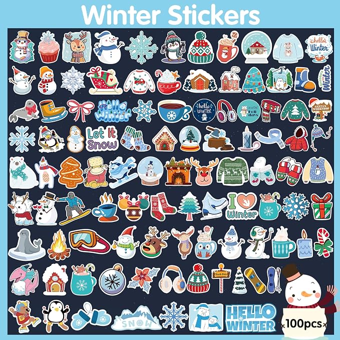 OHOME Winter Stickers | 100 PCS Snowflake Stickers for Kids - Vinyl Winter Games Toys Gifts Activities Party Favors Supplies - Snowman Crafts Bulk for Classroom Home