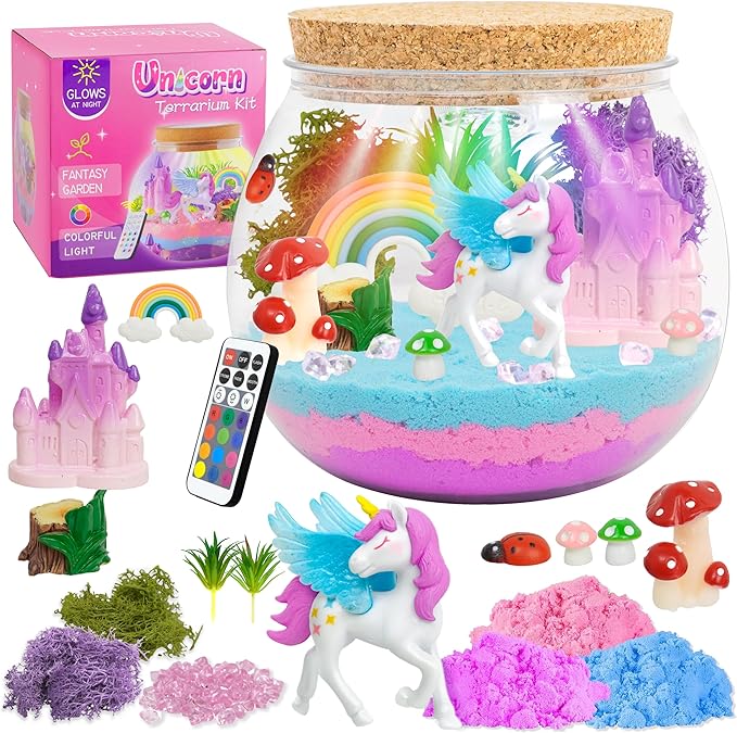 Light-Up Unicorn Terrarium Gifts, DIY Night Light Kit with Remote Control and 13 Lighting Colors, Night Light for Birthday, Children's Day, Halloween, Christmas or New Year Gifts for Girls Ages 5-10