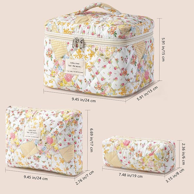 HBselect Quilted Makeup Bag, 3Pcs Cotton Large Travel Makeup Bags Organizer | Cute Floral Make up Bag Cosmetic Bag Toiletry Bag for Women Girls, Makeup Pouch for Skincare, Brushes & Travel Essentials