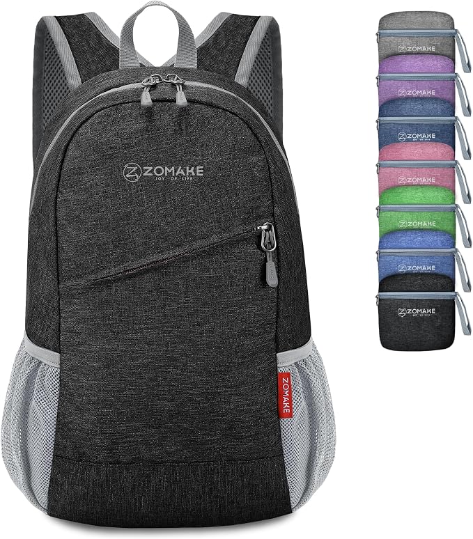 ZOMAKE Lightweight Packable Backpack, 10L Small Foldable Daypack for Hiking | Water Resistant Collapsible Backpacks for Women Men, Everyday Carry, Multi Compartment Storage, Adjustable Strap(Black A2)
