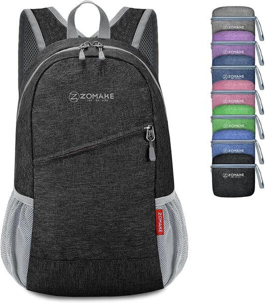 ZOMAKE Lightweight Packable Backpack, 10L Small Foldable Daypack for Hiking | Water Resistant Collapsible Backpacks for Women Men, Everyday Carry, Multi Compartment Storage, Adjustable Strap(Black A2)