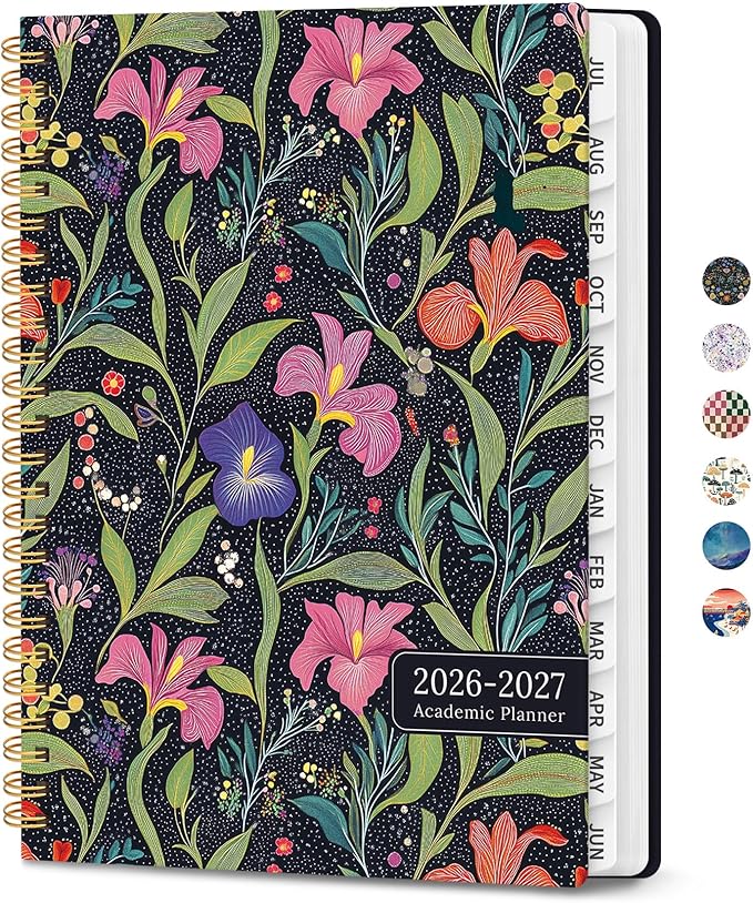 Planner 2026-2027, Academic Planner Weekly and Monthly, Jul 2026 - Jun 2027, Spiral Bound School Planning Tool with Tabs and Pocket, Perfect for Students & Teacher, 6.3" x 8.5", Floral Starlight