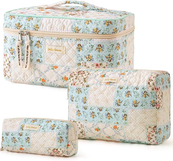 HBselect Quilted Makeup Bag, 3Pcs Cotton Large Travel Makeup Bags Organizer | Cute Floral Make up Bag Cosmetic Bag Toiletry Bag for Women Girls, Makeup Pouch for Skincare, Brushes & Travel Essentials