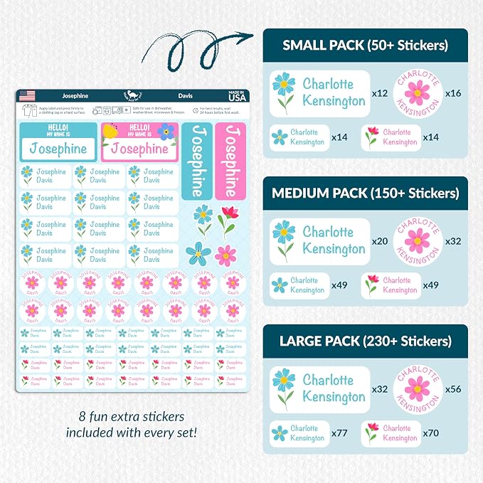Personalized Waterproof Name Labels for Kids | Optional Packs 50, 150, 230 Labels | Custom Name Stickers for Kids' Clothing Tag, Water Bottle, Lunch Box, Customize Kid Name Label for Daycare Flowers