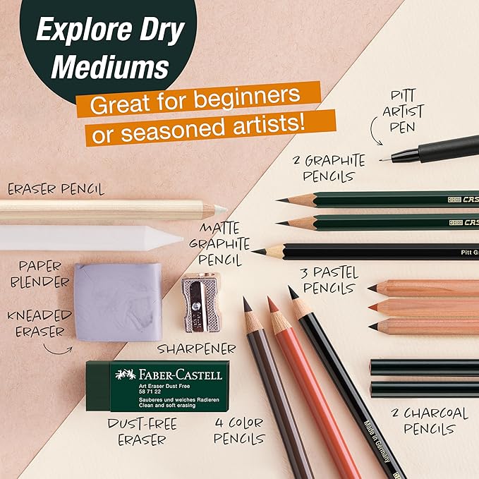 Faber-Castell Try It Box: Dry Mediums - 17 Piece Sketching Drawing Art Set with featuring Colored Pencils, Graphite Pencils, Charcoal Pencils, Pitt Artist Pen and Art Tools