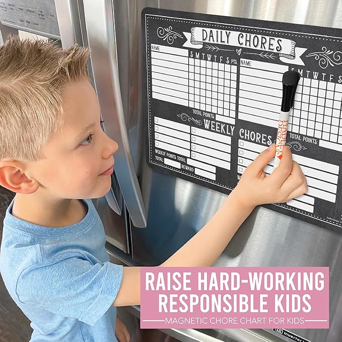 Hadley Designs Magnetic Chore Chart for Kids Multiple - Chores Board for Refrigerator, Dry Erase Task Chart for 2 Kids Daily Behavior, Family Weekly Planner for Teens and Adults, Chalk Chore Board