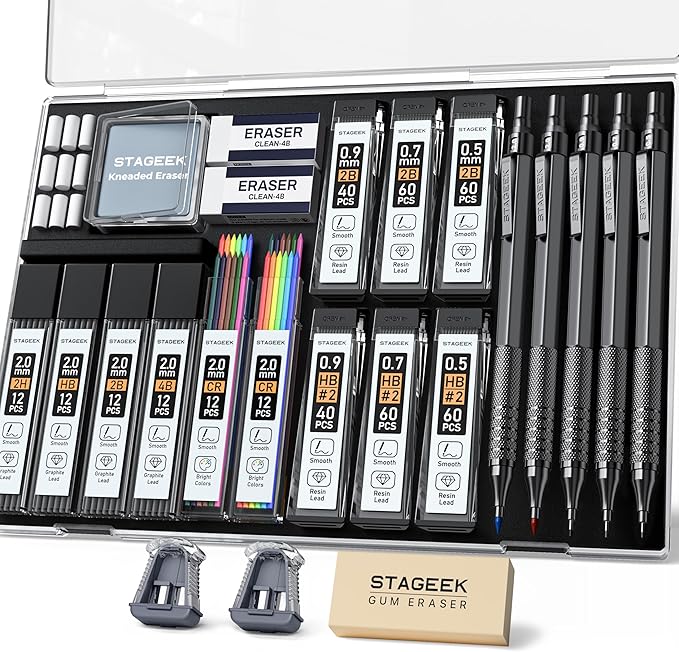 STAGEEK 25PCS Art Mechanical Pencil Set, 3PCS Metal lead pencil 0.5, 0.7, 0.9, 2PCS 2mm Drawing Pencil (HB 2H 2B 4B Color) with 392PCS Graphite Leads, Eraser with Case for Drafting Drawing Writing