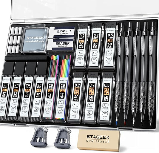 STAGEEK 25PCS Art Mechanical Pencil Set, 3PCS Metal lead pencil 0.5, 0.7, 0.9, 2PCS 2mm Drawing Pencil (HB 2H 2B 4B Color) with 392PCS Graphite Leads, Eraser with Case for Drafting Drawing Writing