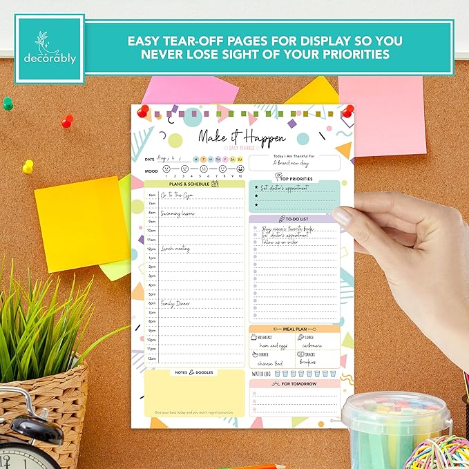Decorably 52 Sheets Colorful Pastel Undated Daily Planner Pad - 6.5x10in Spring-Bound to Do List Notepad for Schedule, Priorities, Agenda, Water Intake, Meals, Notes and Doodles, Easy Tear-Off Design