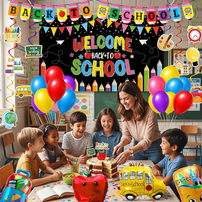 Joy Bang Back to School Decorations, Back to School Banner with Hanging Swirls Apple School Bus Pencil Balloons Welcome Back to School Photo Backdrop First Day of School Decorations Classroom Decor