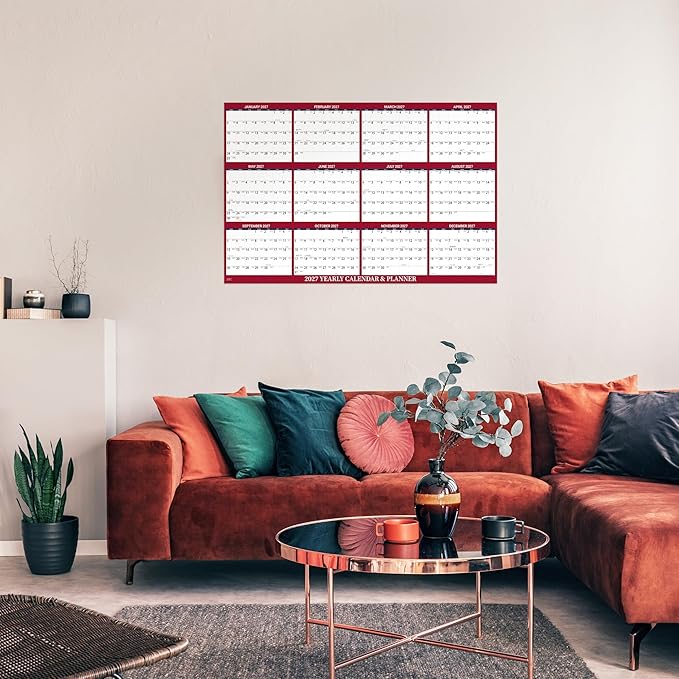 2027 Dry Erase Calendar for Wall - Dry Erase Wall Calendar 2027, Jan. 2027 - Dec. 2027, 34.6" x 22.9", Yearly Wall Calendar 2027, Wet & Dry Erase Laminated, Vertical/Horizontal, Reversible - Red