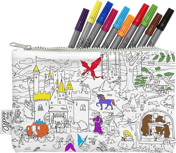 eatsleepdoodle DIY Coloring Fairy Tale Pencil Case for Kids with 10pcs Washable Markers, Reusable Art Supply Organizer, Fun Arts & Crafts Activity for Boys & Girls, Creative Gift Idea for Ages